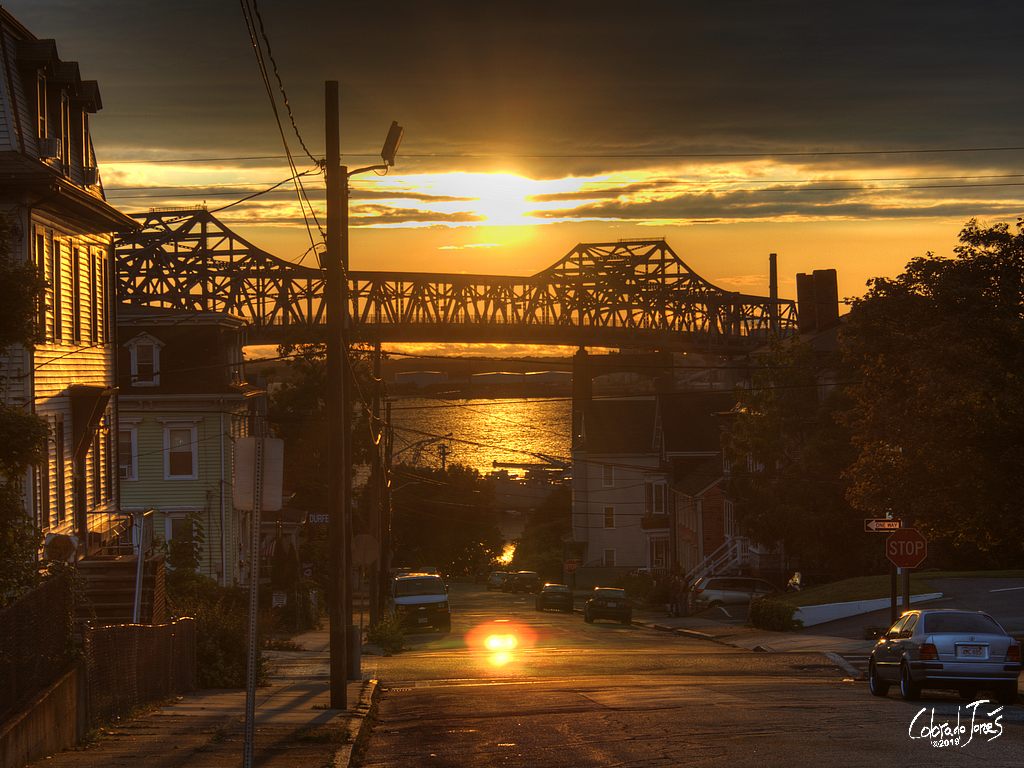 A bridge at sunset in Fall River, Massachusetts USA