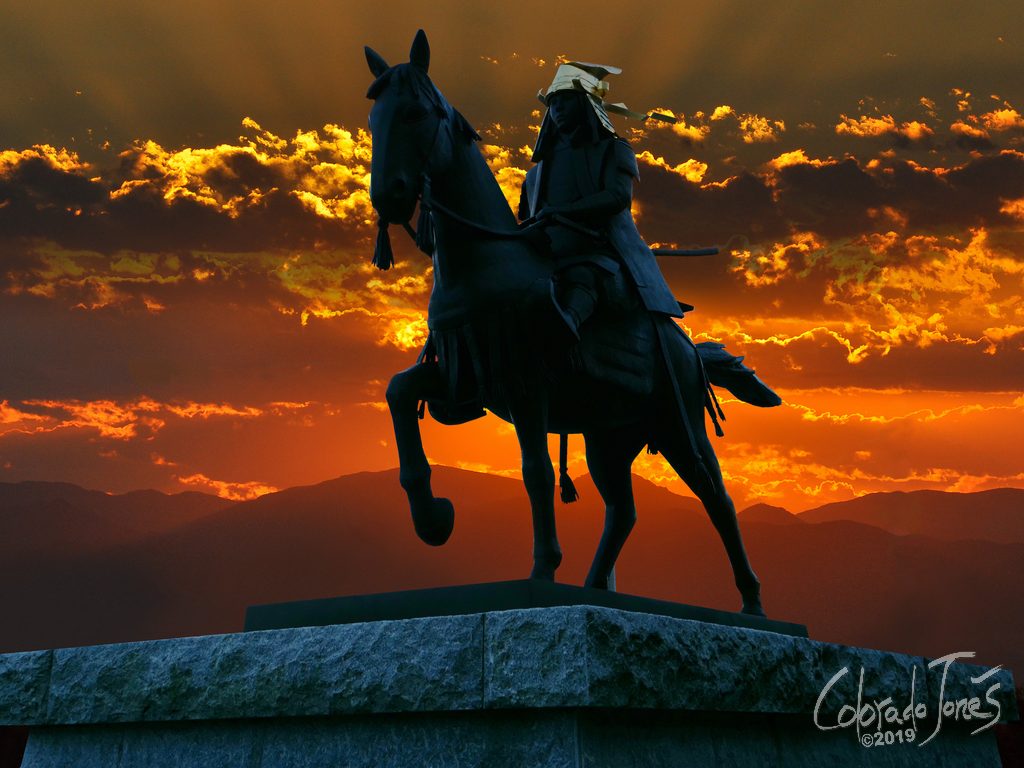 A statue of Uesugi Kenshin outside the Joetsumyoko Shinkasen Station in Japan